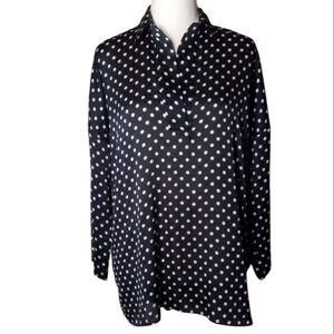 Zara Basic Split V Neck Navy Blue & White Polkadot Flowy Blouse Office Size XS